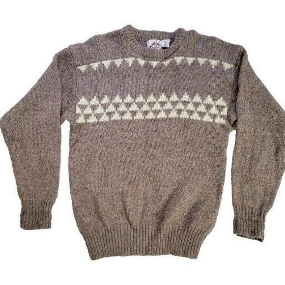 Vintage 100% Wool Grandpa Crewneck Sweater Brown And Cream Geometric Unisex M‎